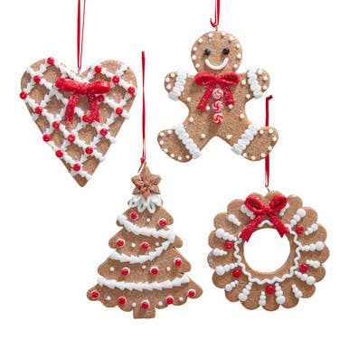 Gingerbread Tree Heart Wreath & Man Cookie Ornaments 4 Asstd