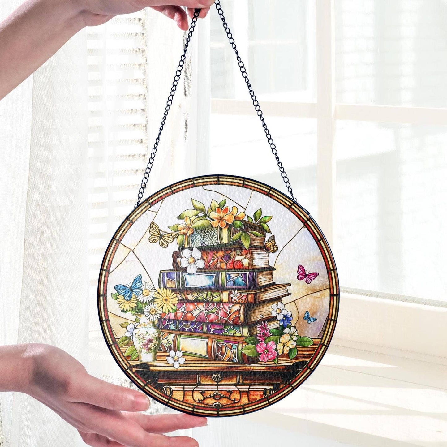 Flower Book Stained Glass Suncatcher, Book Club Ornament