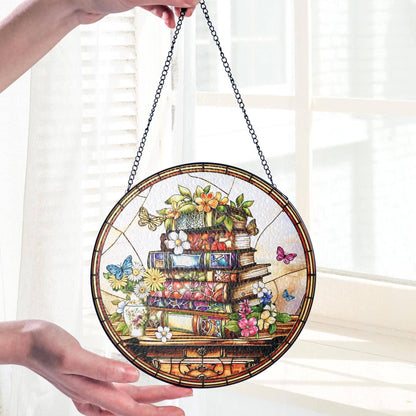 Flower Book Stained Glass Suncatcher, Book Club Ornament