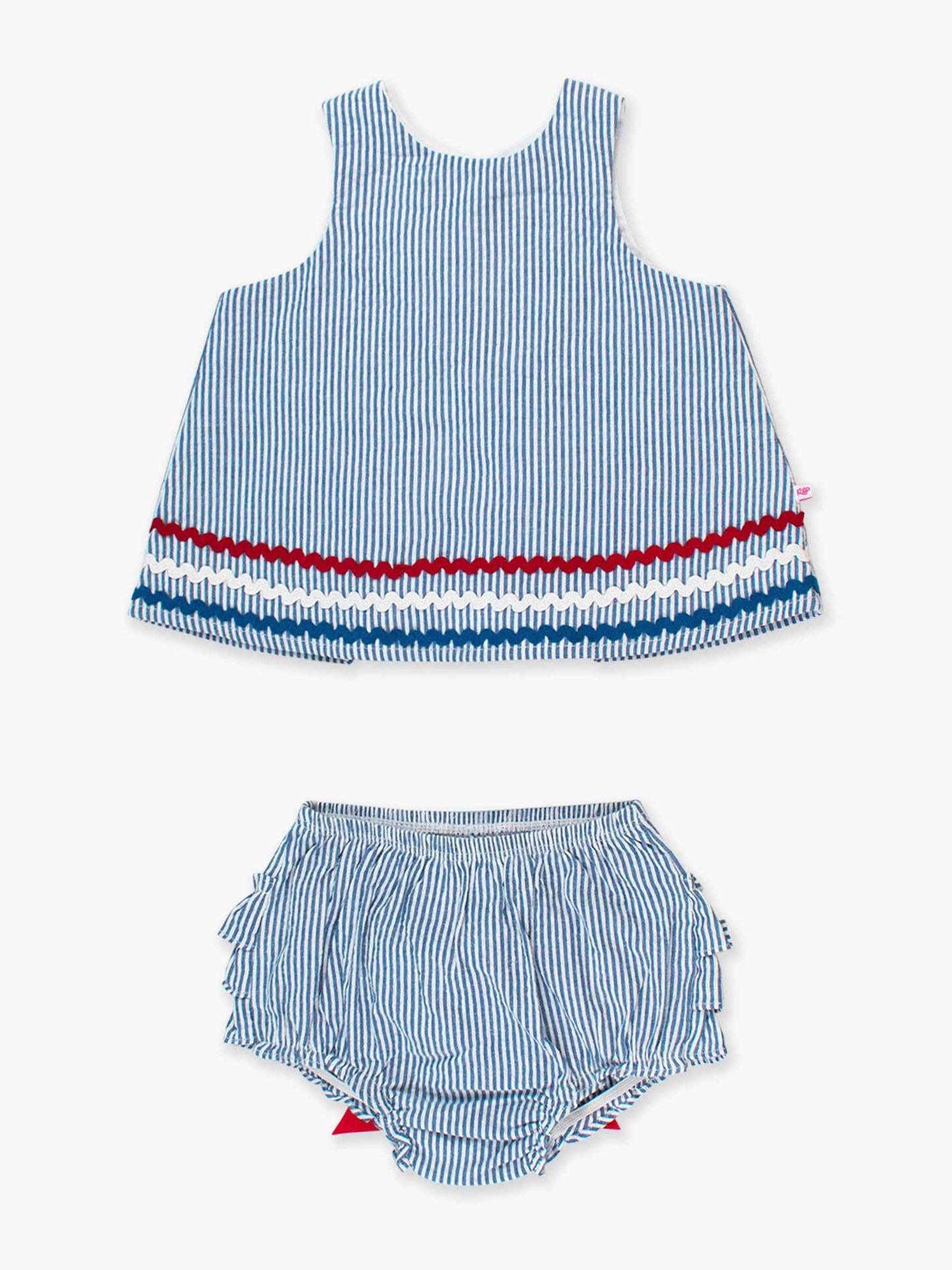 Baby Girls Americana Classic Blue Seersucker Ric Rac Swing Top & Bloomer Set: 0-3m