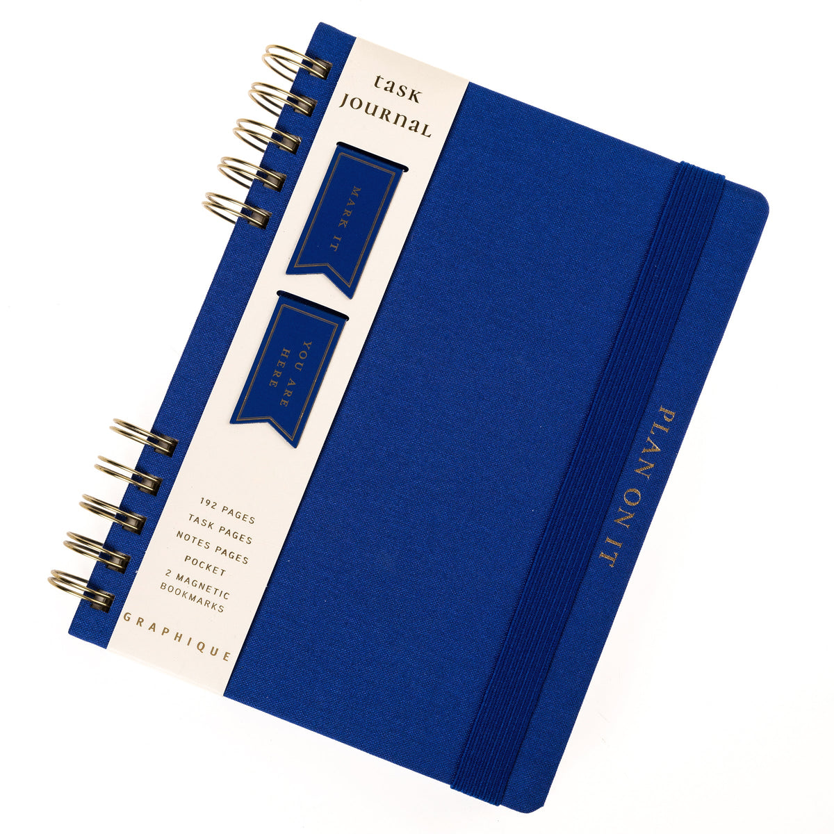 Cobalt Blue Fabric-Bound Task Journal, A cobalt blue fabric-covered task journal with gold twin wire spirals and two navy ribbon bookmark tabs, closed with an elastic band.