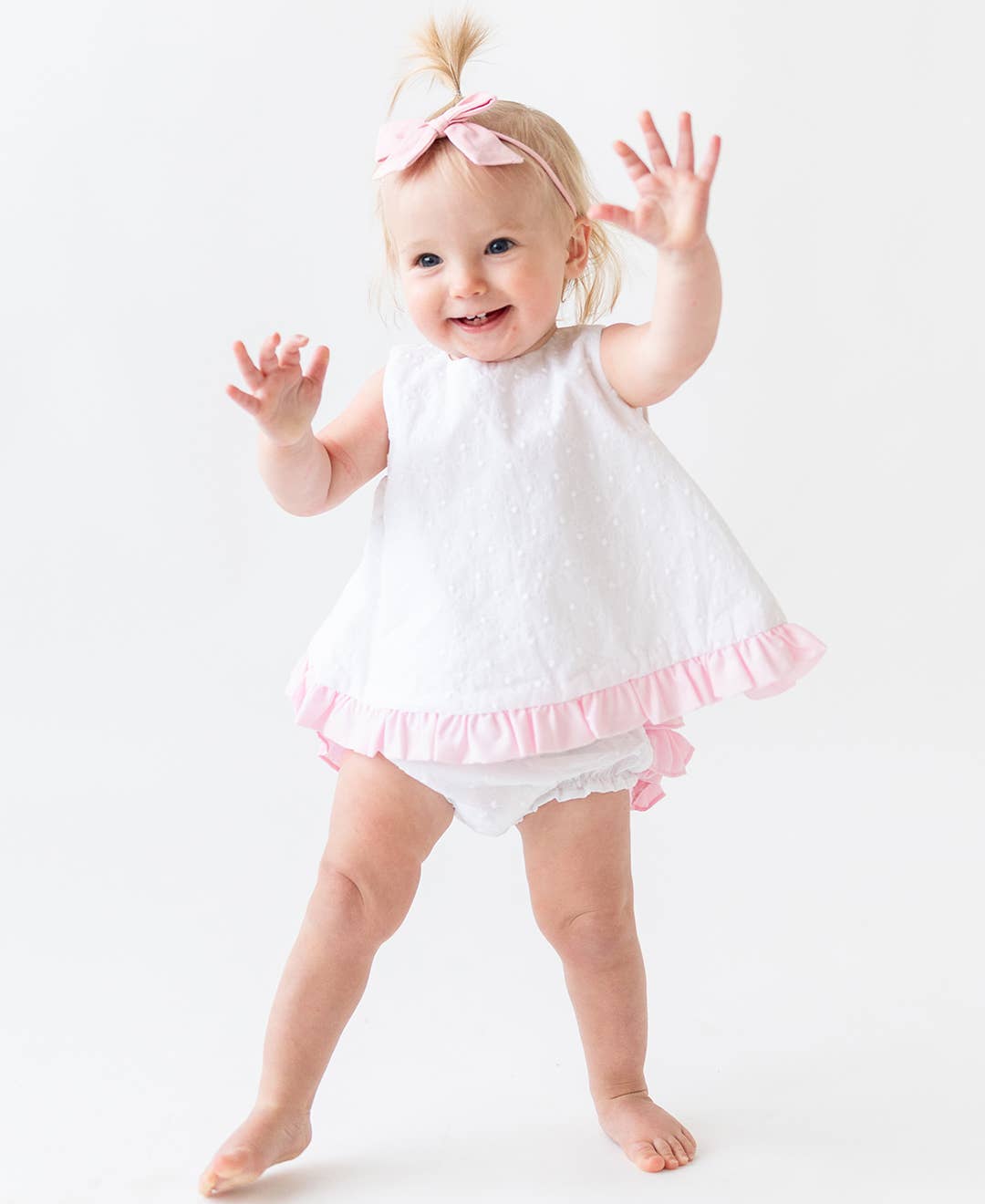 Baby Girl White & Pink Swiss Dot Swing Top & Bloomer Set