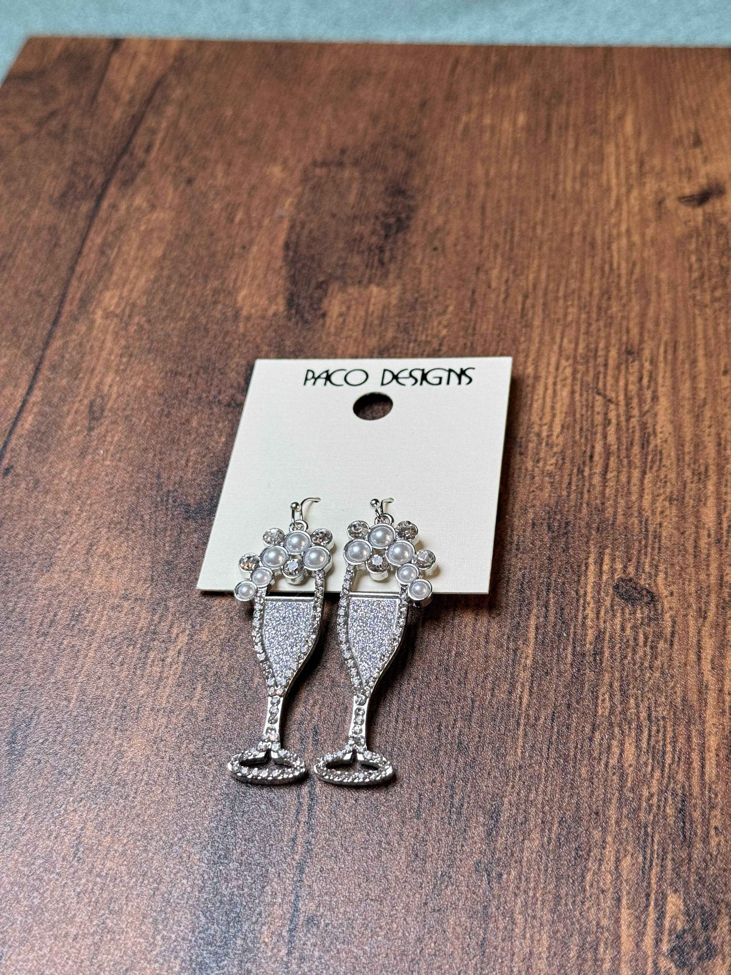 Sparkly Silver Champagne Flute Earrings with Pearls