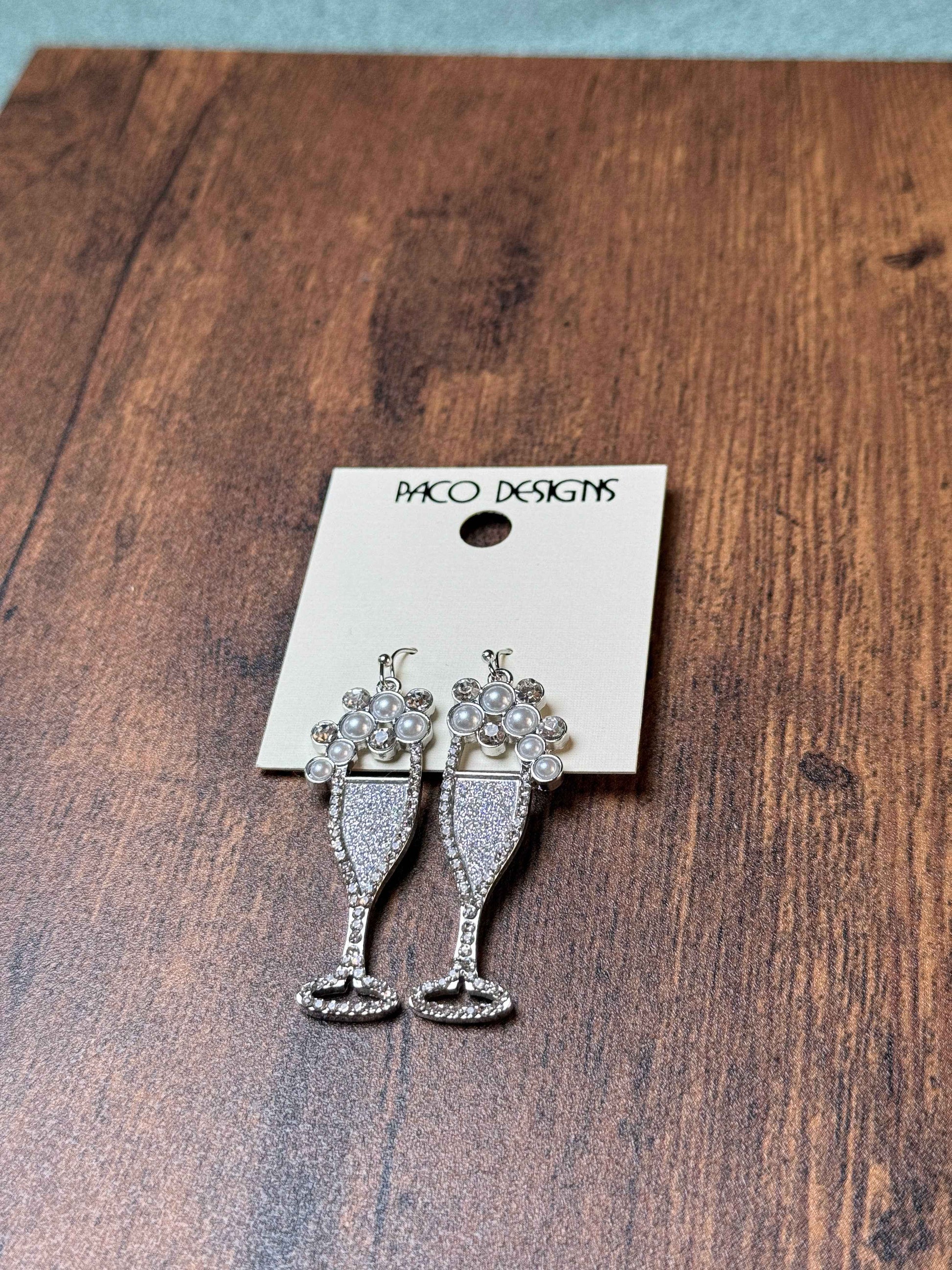 Sparkly Silver Champagne Flute Earrings with Pearls