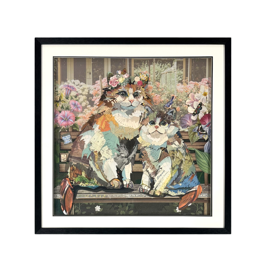 Arte de collage 3D | Gatos en el jardín (81 cm x 81 cm)