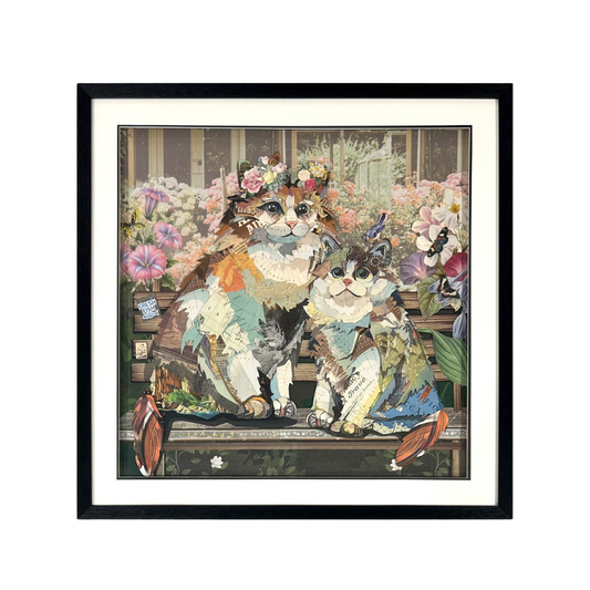 Arte de collage 3D | Gatos en el jardín (81 cm x 81 cm)