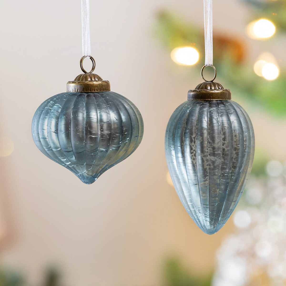 Antique Blue Striated Glass Onion/Drop Ornament