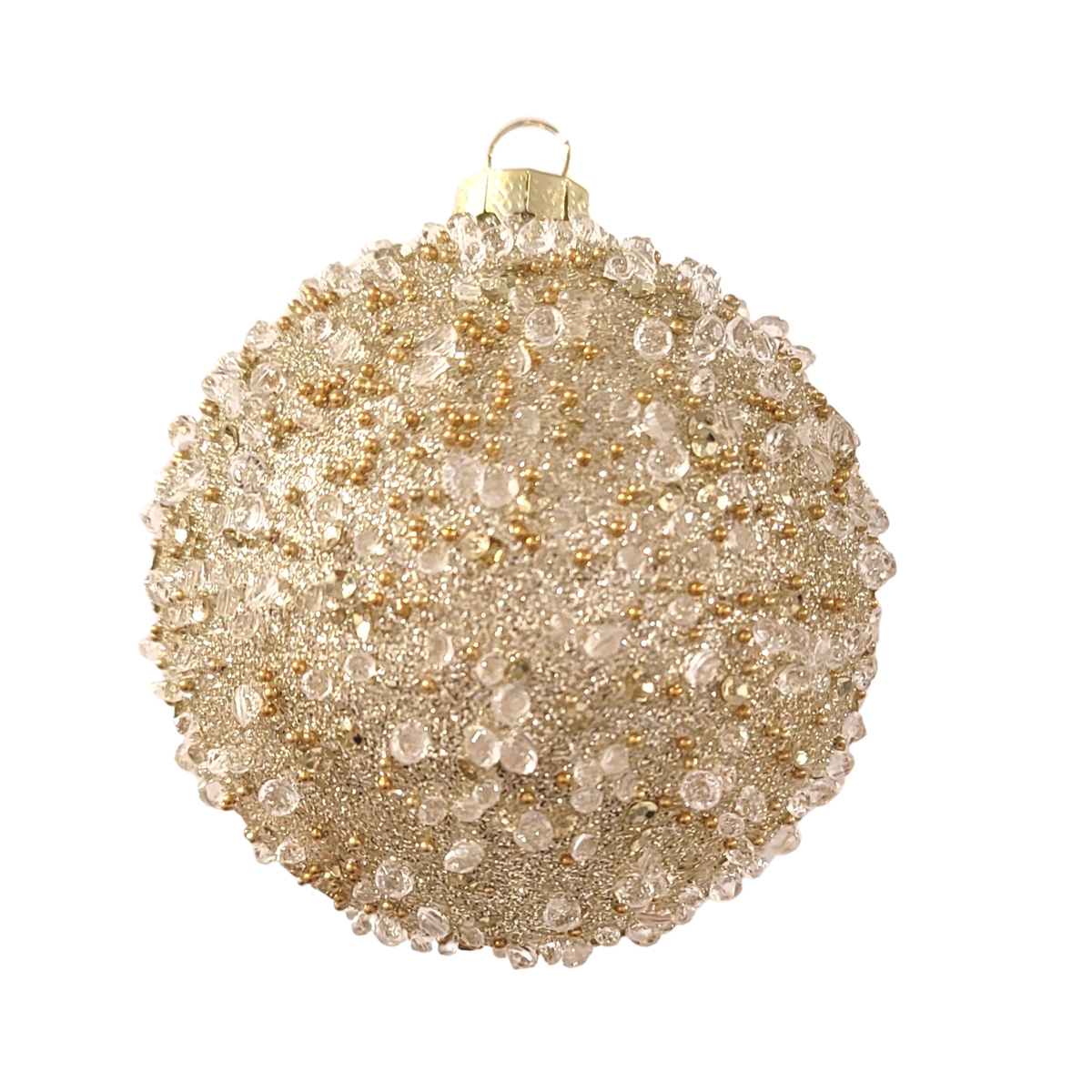 Glass ball ornament, pale gold, clear beads