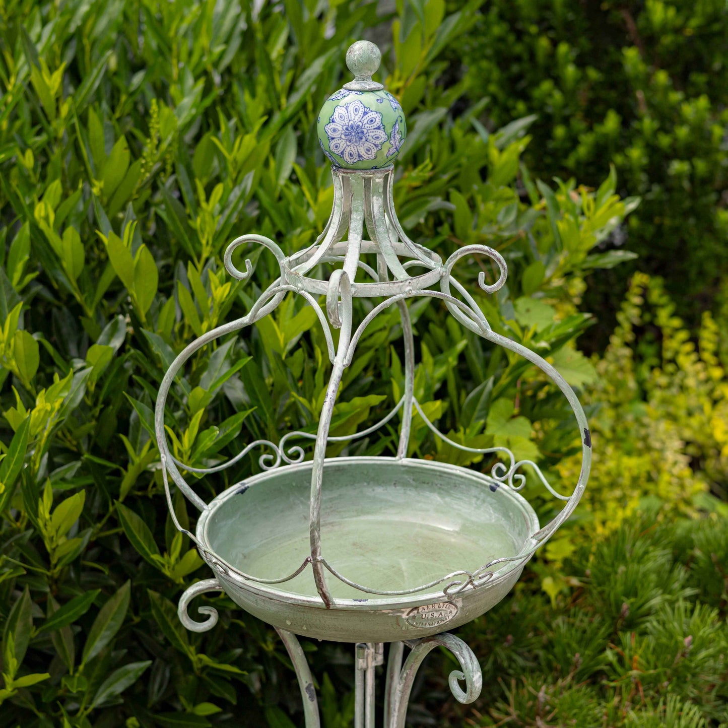 45" Tall Iron Birdbath with Ceramic Sailor Ball Accent: Green