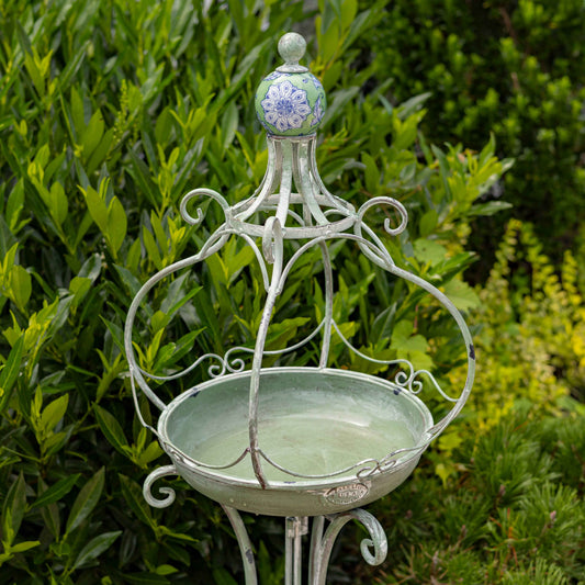 45" Tall Iron Birdbath with Ceramic Sailor Ball Accent: Green