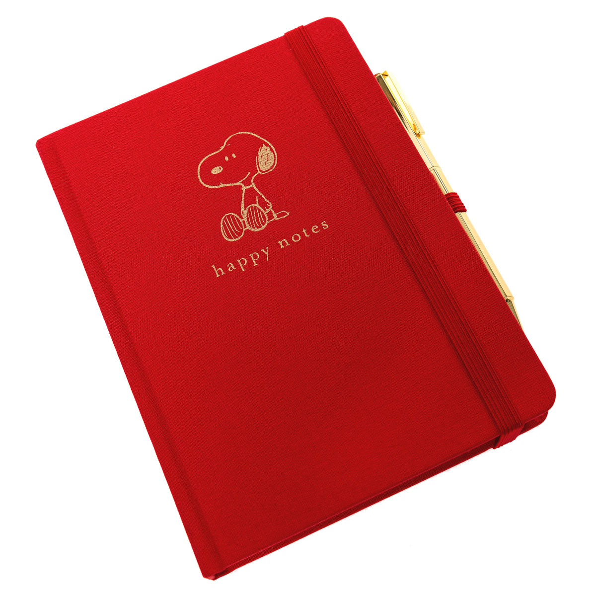 Peanuts Fabric-Bound Journal with Pen, A red fabric journal with a gold foil Snoopy illustration and the words happy notes, paired with a gold pen tucked into a loop along the spine.
