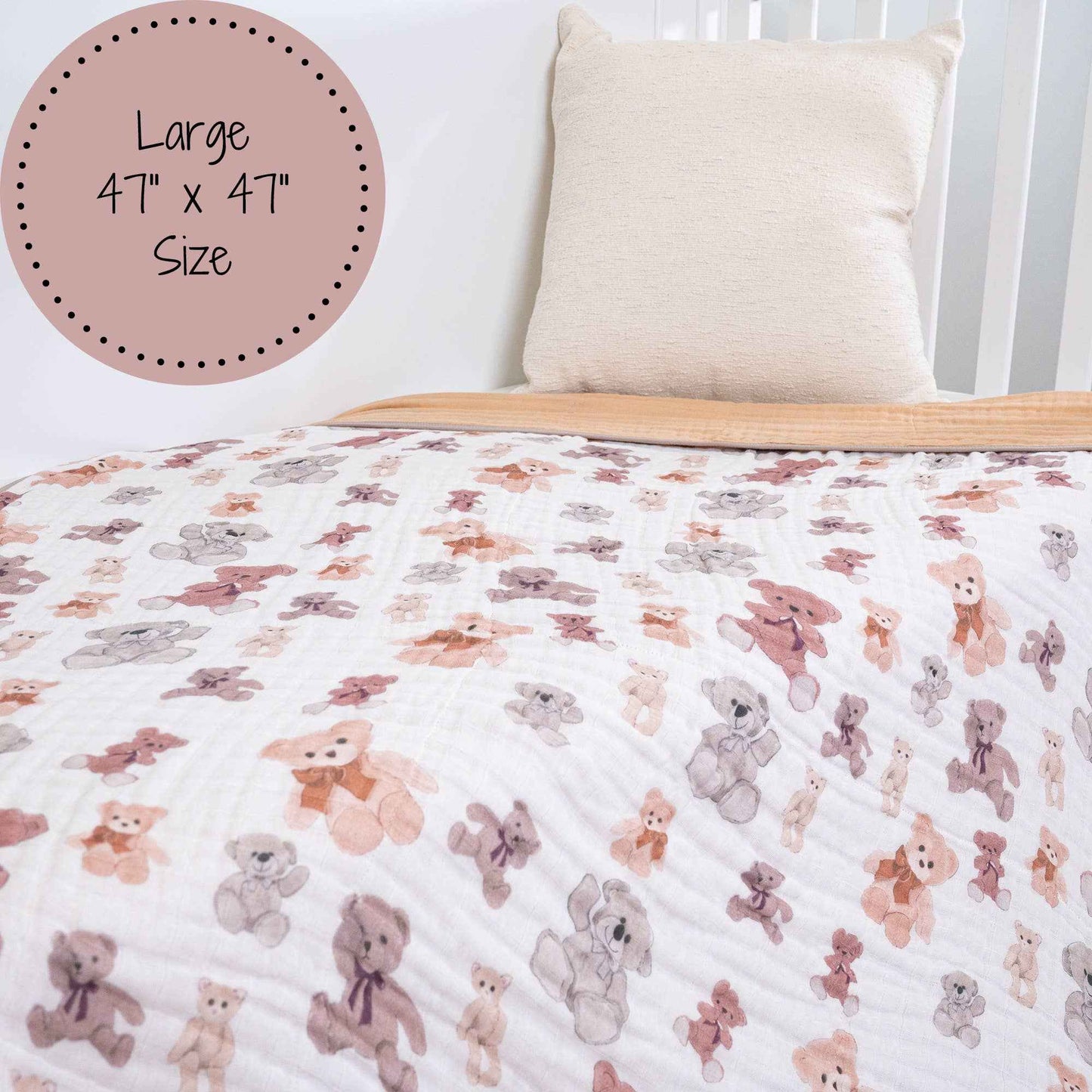 LollyBanks - Bear Hugs Baby Toddler 100% Cotton Muslin Blanket  47"x47"