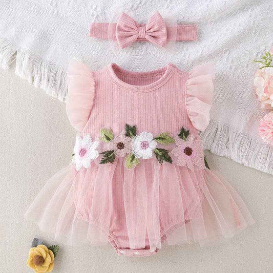 Mesh flowers embroidery flutter sleeve romper for baby girls: Pink / 80（9-12M）