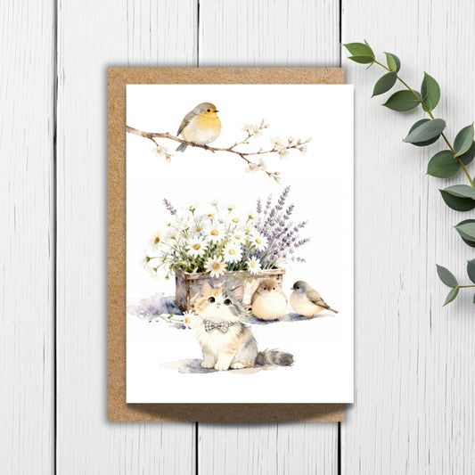 Cottagecore Woodland Greeting Card: Kitten and Songbirds