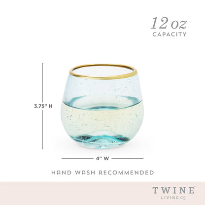 Aqua Bubble Stemless Glasses with Gold Plated Rims Set of 2