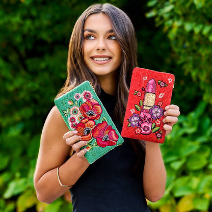 Mary Frances Accessories - Glamour Girl Pink Lipstick Red Beaded Crossbody Phone Bag