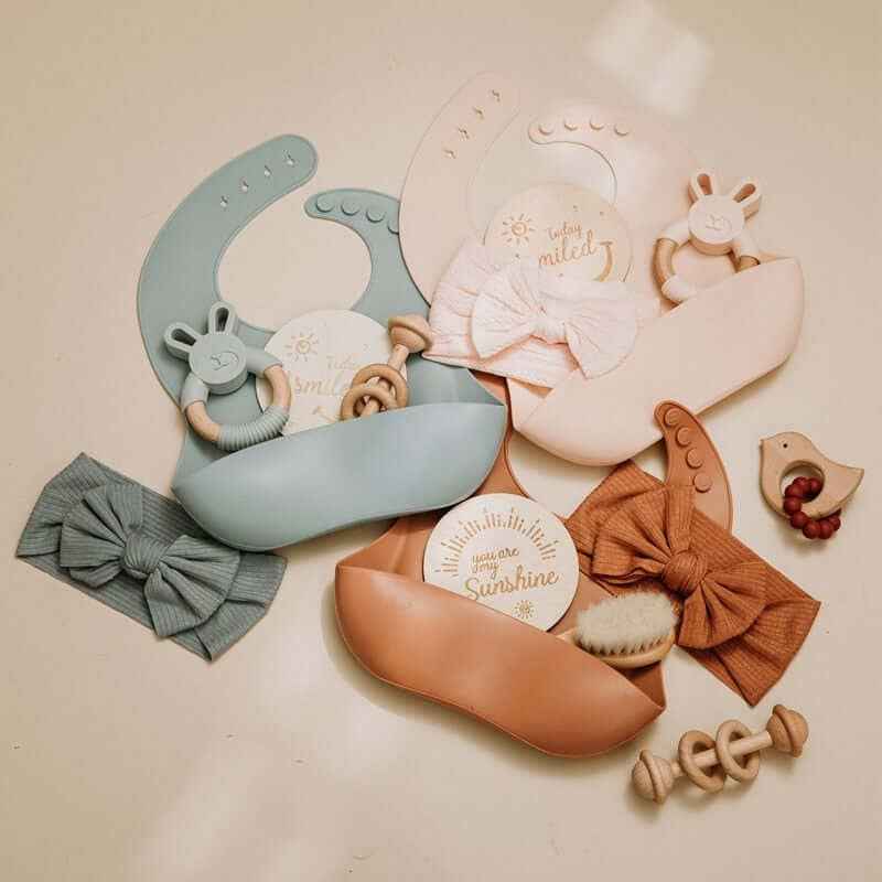 Baby Silicone Bibs Headband Brush Gift Set: Brown