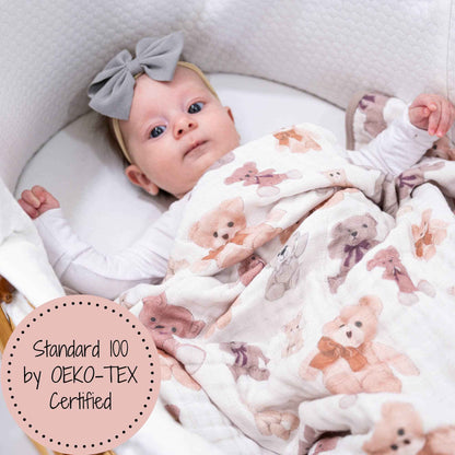 LollyBanks - Bear Hugs Baby Toddler 100% Cotton Muslin Blanket  47"x47"
