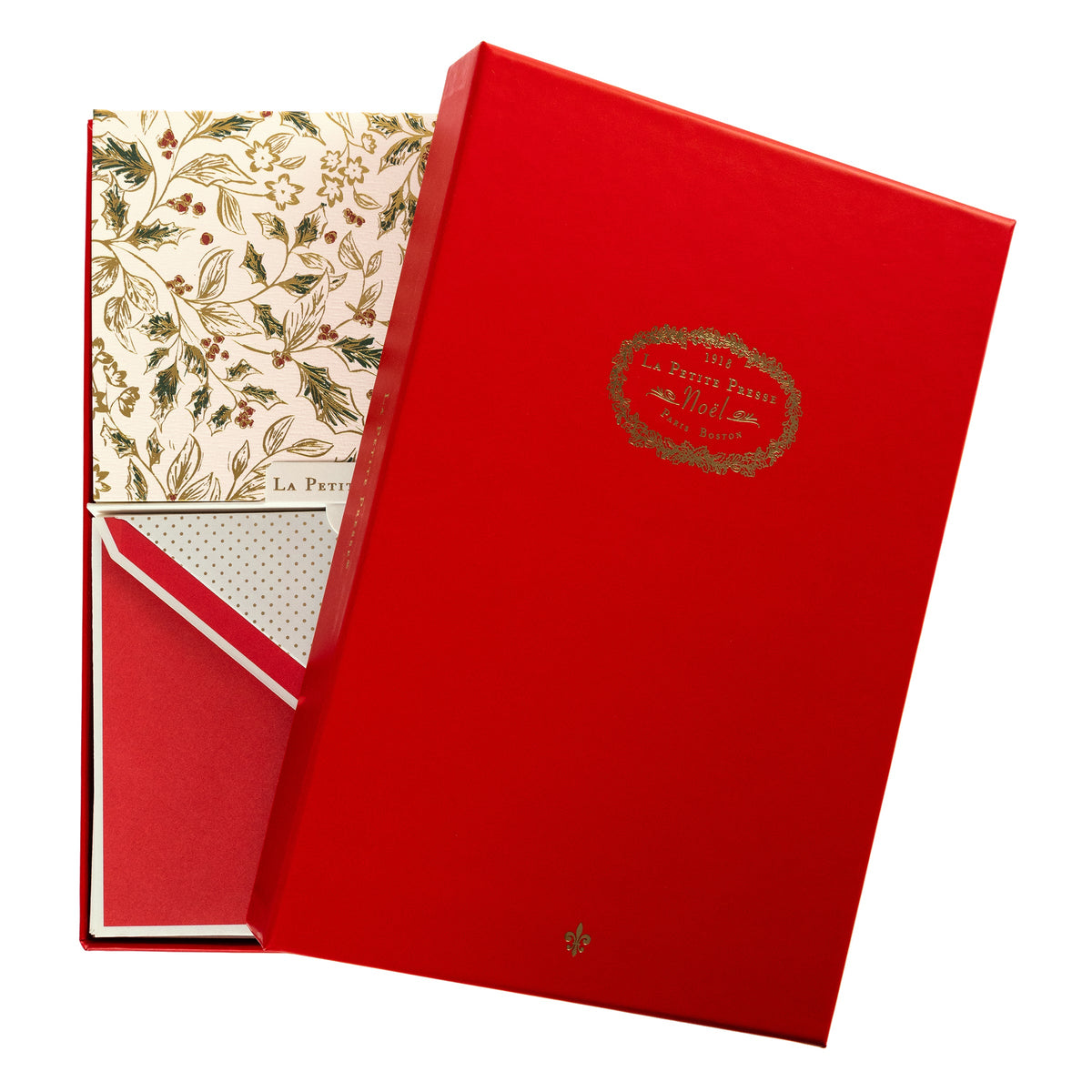 La Petite Noel Toile Holiday Boxed Correspondence Notes, A boxed Christmas correspondence card with a gold and green holly toile pattern on ivory cardstock, shown with its red envelope.