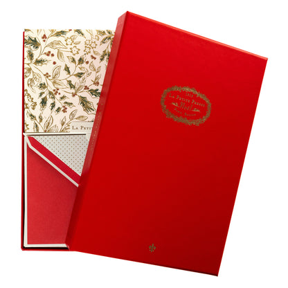 La Petite Noel Toile Holiday Boxed Correspondence Notes, A boxed Christmas correspondence card with a gold and green holly toile pattern on ivory cardstock, shown with its red envelope.