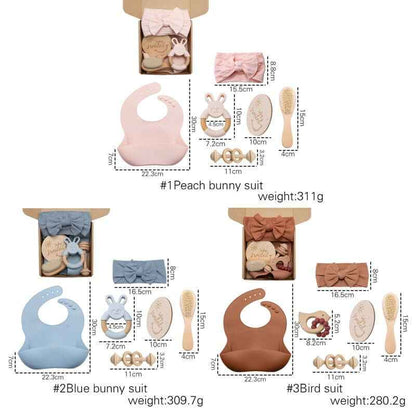 Baby Silicone Bibs Headband Brush Gift Set: Brown