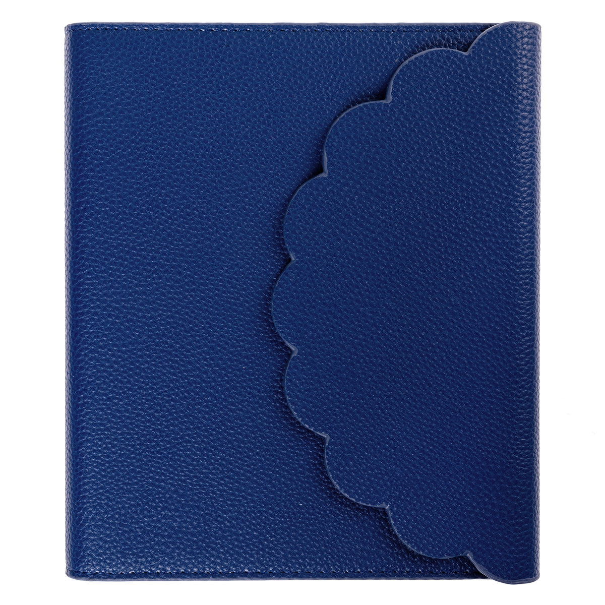 Cobalt Blue Vegan Leather Wrap Journal, A cobalt blue vegan leather wrap journal with a scalloped flap and pebbled texture, shown open with its frosted spiral insert.