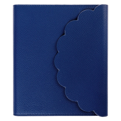 Cobalt Blue Vegan Leather Wrap Journal, A cobalt blue vegan leather wrap journal with a scalloped flap and pebbled texture, shown open with its frosted spiral insert.