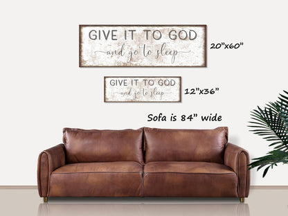 Cuadro sobre lienzo para dormitorio cristiano de Olive Branch Farmhouse - "Entrégaselo a Dios y vete a dormir"