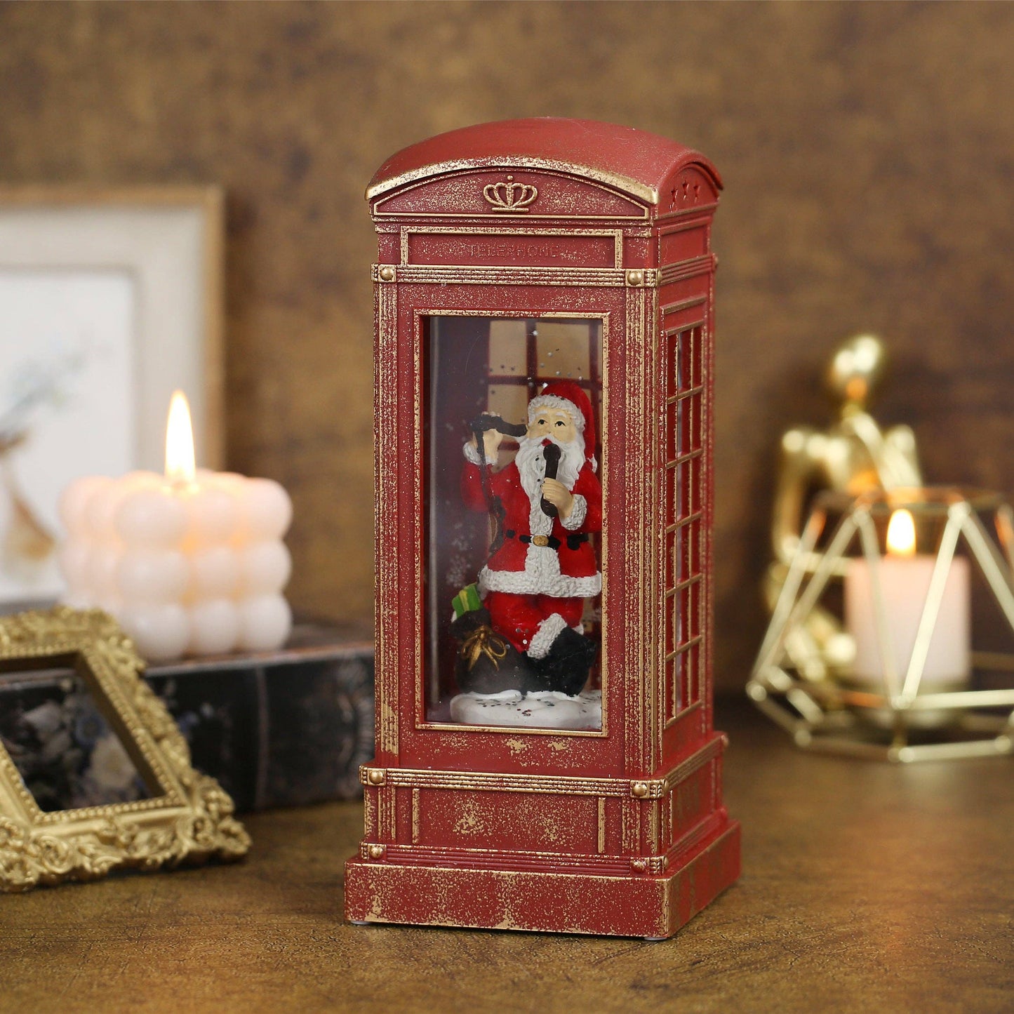 Christmas Musical Phone Booth Snow Globe with Santa on Phone Scene for Christmas Decoration