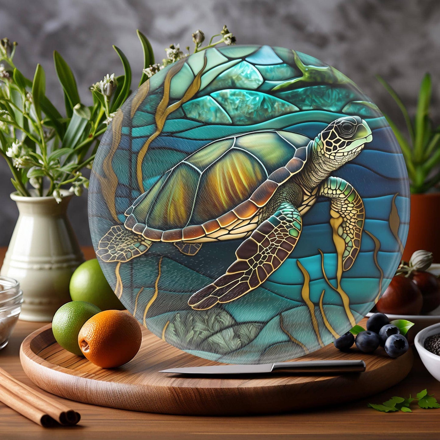 Turtle Tempered Glass Coastal Charcuterie Board: 12 inch