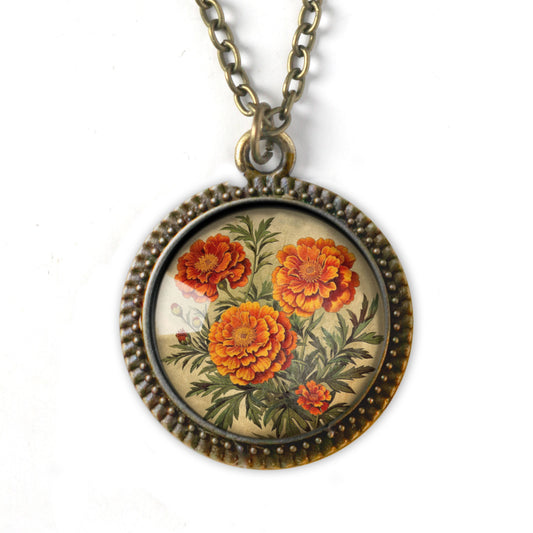 Marigold Flowers Large Cottage Core Pendant Necklace