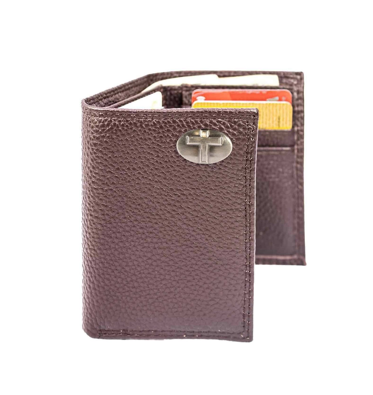 Christian Cross Leather Trifold Wallet: Crazyhorse Brown