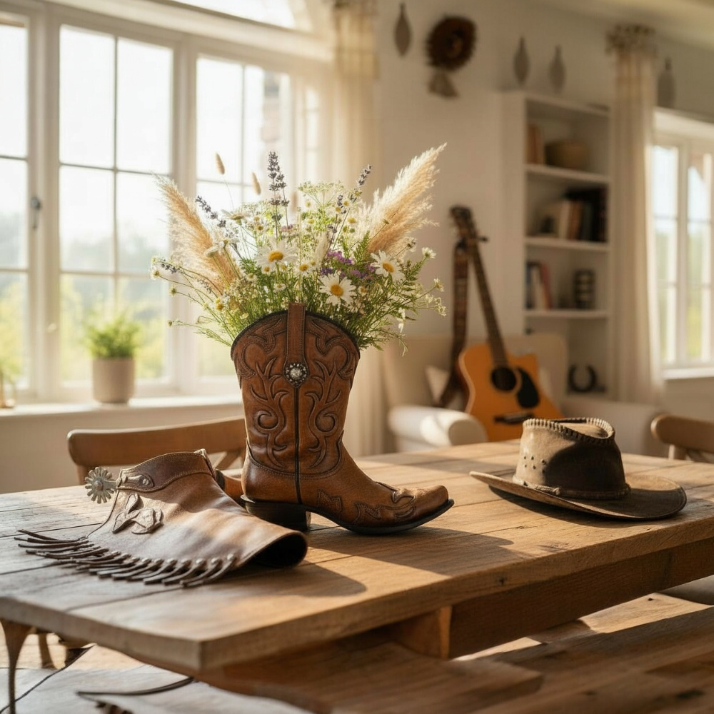 COWBOY BOOT VASE BROWN- WESTERN HOME DECOR