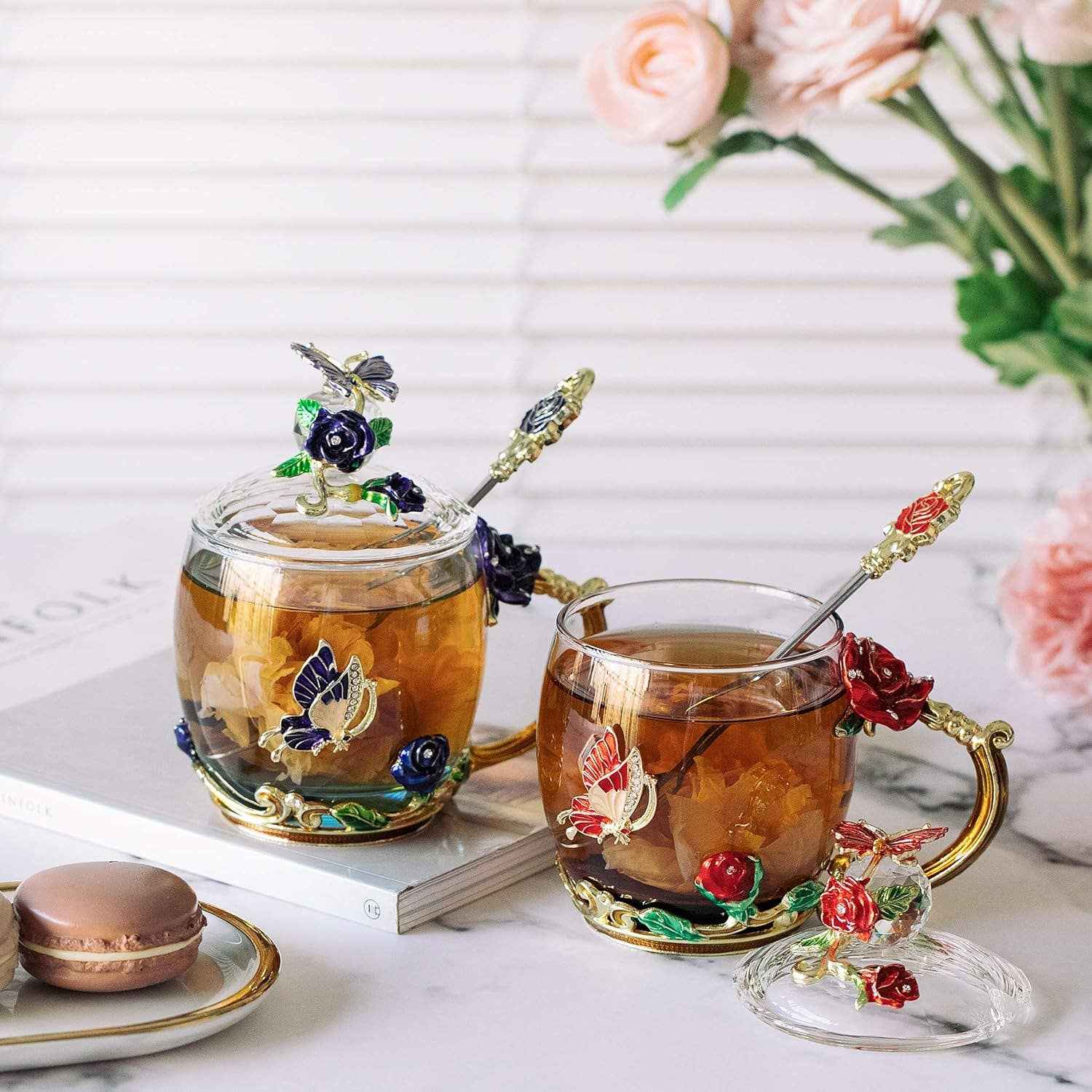 Floral Glass Tea Cups with Lids – Set of 2