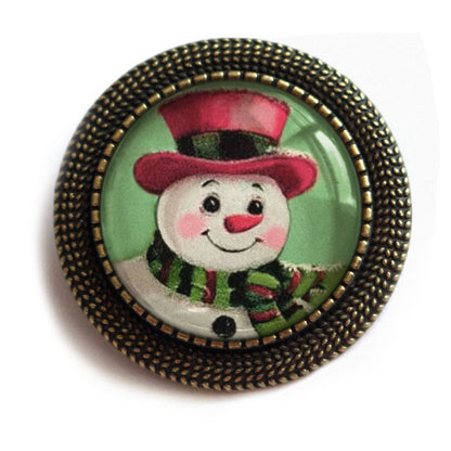 Pink Christmas Snowman Bronze and Glass Lever Back Brooch