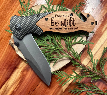 Quail Tail Laser Art - Be Still and Know Knife