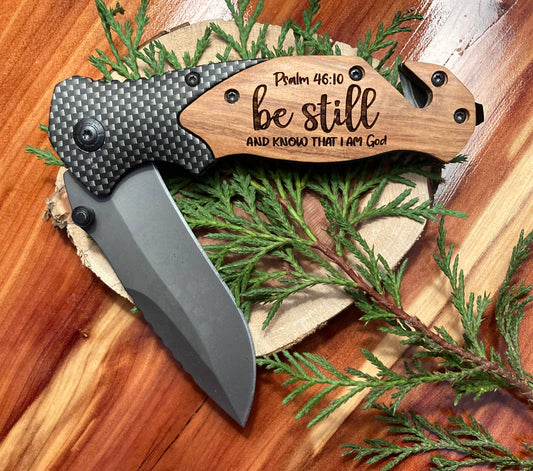 Quail Tail Laser Art - Be Still and Know Knife