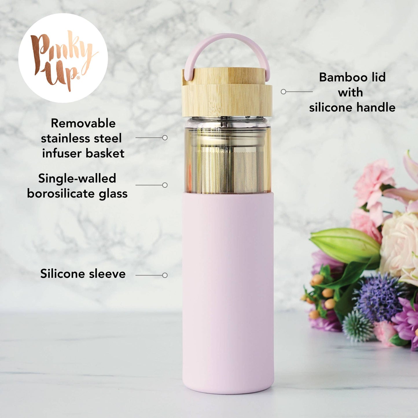 Dana™ Glass Travel Mug w/Infuser & Silicone Sleeve -Lavender