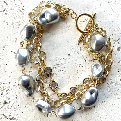 Triple gray porcelian pearl baroque bracelet gold