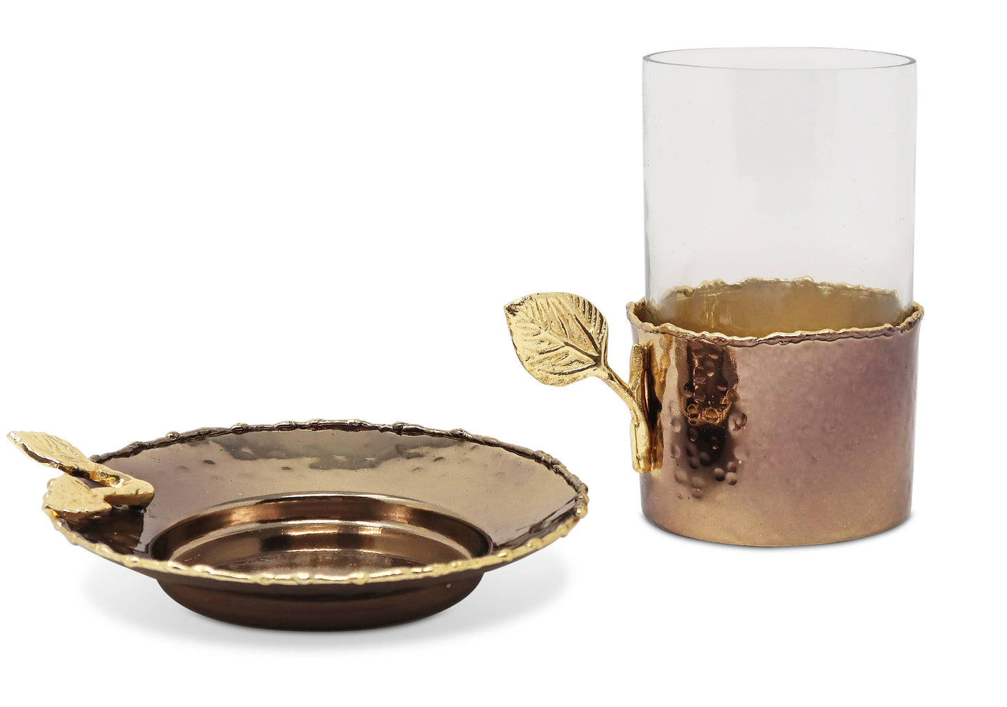 Glass Cup and Plate with Leaf Flower Design, 5"