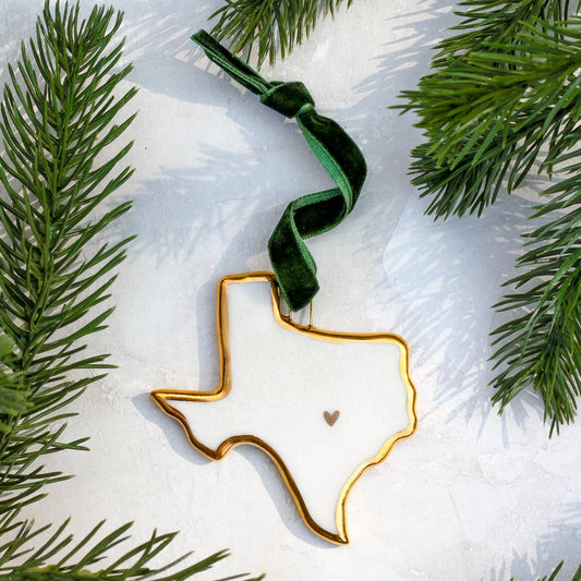 Cerámica Apricity - Adornos estatales de porcelana de Texas hechos a mano con corazón dorado