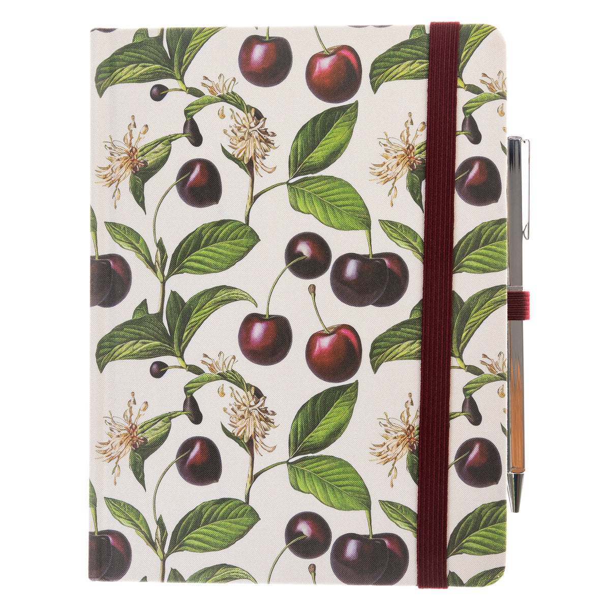 La Petite Presse Cerise Fabric-Bound Journal with Pen, An ivory fabric journal printed with botanical cherries and blossom sprigs, closed with a burgundy elastic band and a silver pen tucked into a loop.