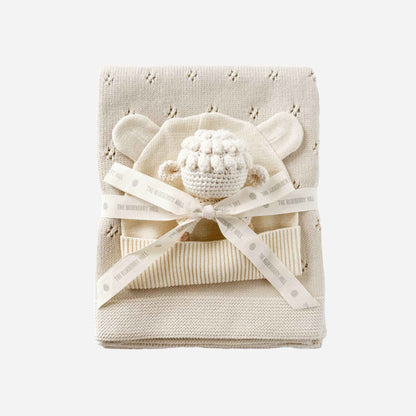 Set Lamb Pique Blanket Hat Rattle Teether Baby Shower Gift