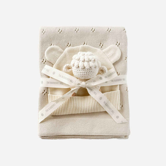 Set Lamb Pique Blanket Hat Rattle Teether Baby Shower Gift
