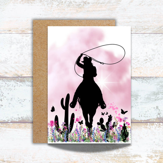Cowgirl Riding Her Horse in the Pink Desert Watercolor Card