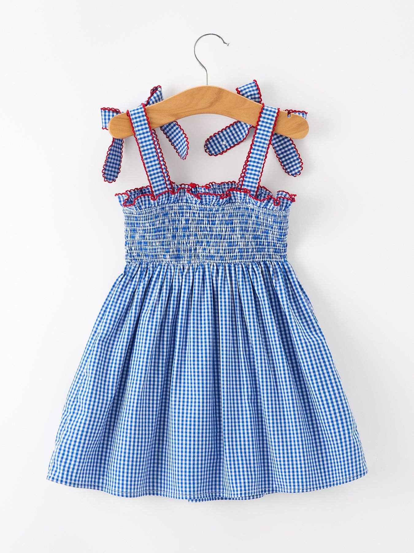 Girls 4th of July Plaid Twirl Dress Bow Smocked: 2