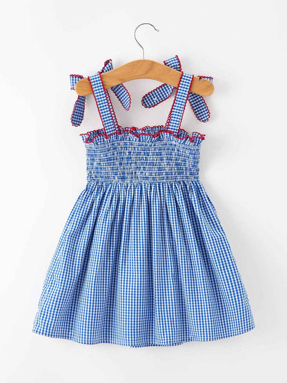 Girls 4th of July Plaid Twirl Dress Bow Smocked: 2