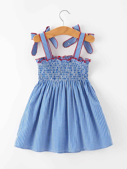 Girls 4th of July Plaid Twirl Dress Bow Smocked: 2