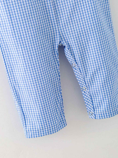 Baby Boy Baseball Smocked Romper – Blue Plaid Summer Outfit: 3M