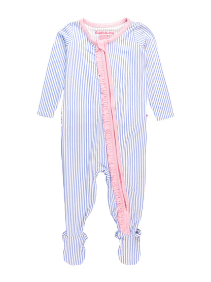 Bamboo Viscose Periwinkle & White Stripe Footed Ruffle One Piece Pajama